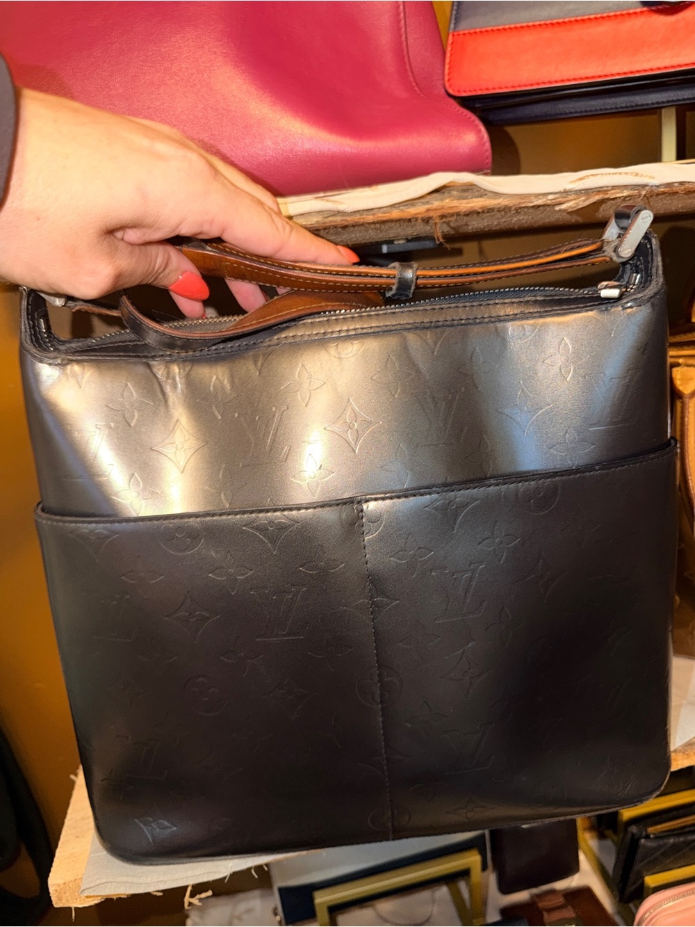 Louis Vuitton Sutter Monogram Embossed Shoulder Bag in Black w Brown Strap - Picture 3 of 12